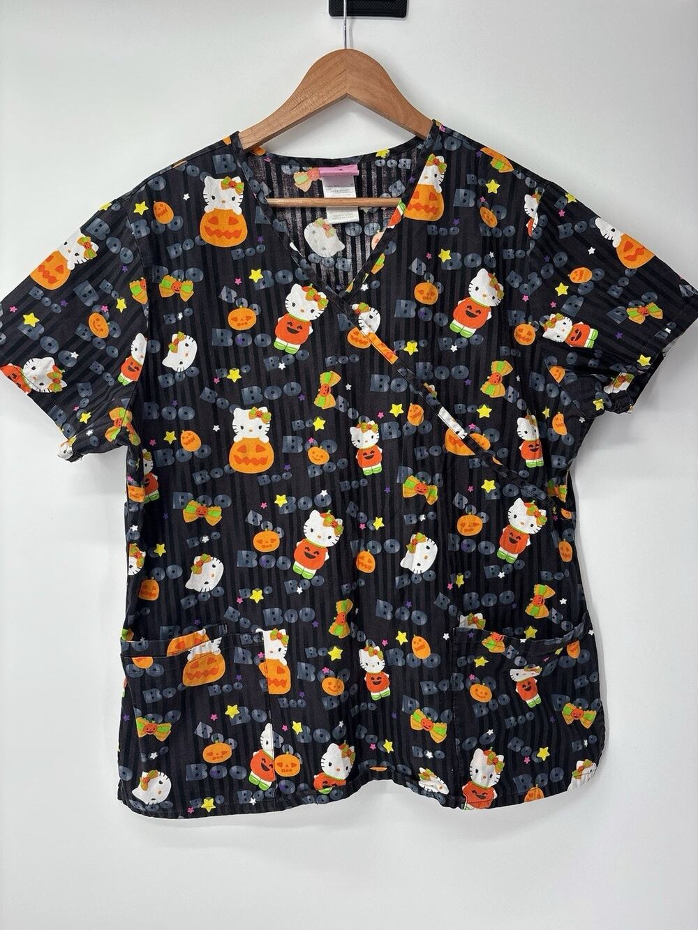 Hello Kitty Halloween Pumpkin Women's Size Large L Scrub Top 100% Cotton